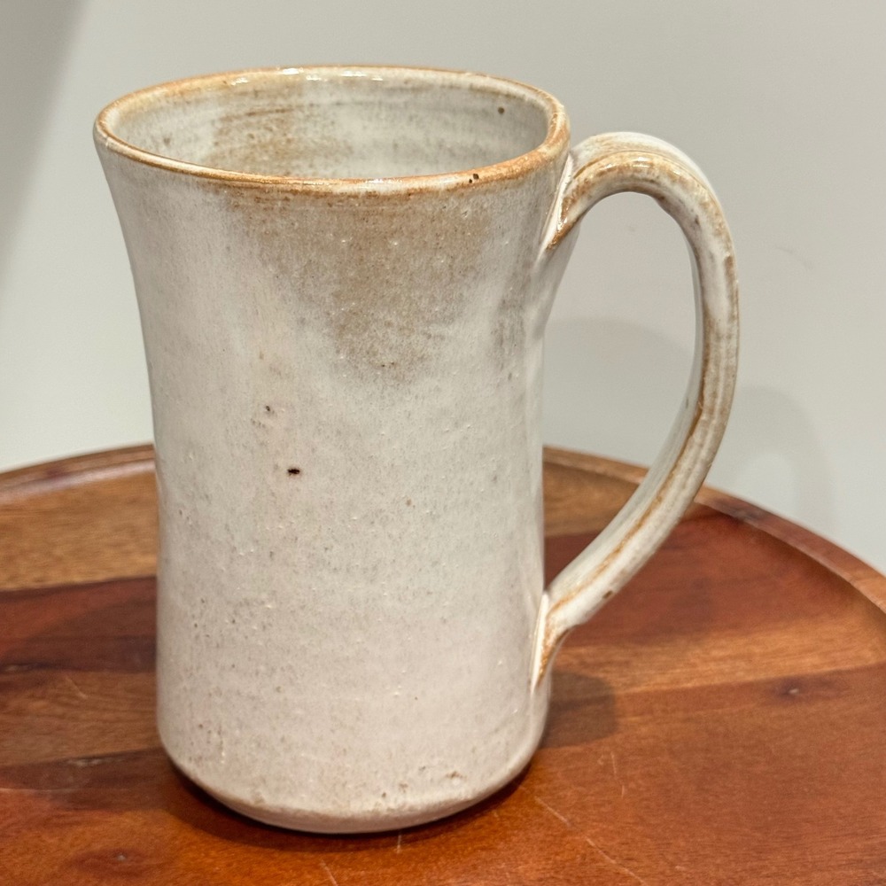 Studio Pottery Hand Thrown Tall Mug Cream Tan Glaze Signed Artist Stoneware Cup